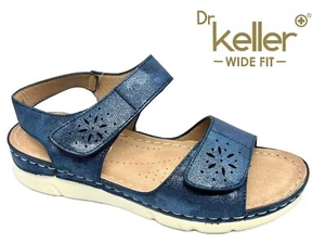 Womens Dr Keller Navy Wide E Fit Sandals Ladies Low Wedge Summer Dress Shoes - Picture 1 of 5