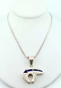 Ray Tracey Knifewing Navajo Sterling Silver Lapis Inlay Bear Pendant w/Chain 30" - Picture 1 of 8
