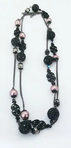 Lia Sophia NIGHT WATCH Necklace Black w Mauve Glass Pearls - Picture 1 of 4