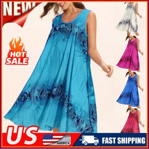 Women Summer Loose Sleeveless Tank Dress Ladies Midi Beach Sundress Boho Dress - Picture 1 of 19