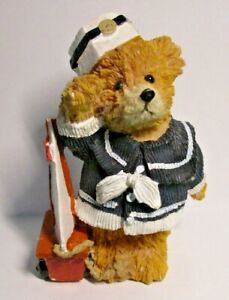 Vintage Sailor Girl Teddy Bear, Uniform w Toy Sailboat, Resin Figurine, 4â€� Tall