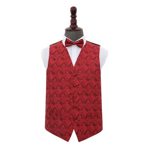 Conjunto de chaleco y pajarita de boda DQT tejido floral cachemir negro y rojo para hombre - Imagen 1 de 4