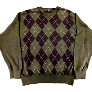 Vintage Argyle V Neck Men's M Moss Green Black Cotton Grandpa Preppy Academia - Picture 1 of 9