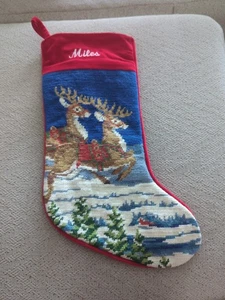 Lillian Vernon Embroidered Reindeer On Christmas Night Stocking -Miles Vtg - Picture 1 of 4