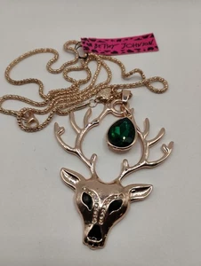 Neu mit Etikett Betsey Johnson goldfarben Hirschkopf Anhänger Halskette mit grünem Edelstein - Bild 1 von 3