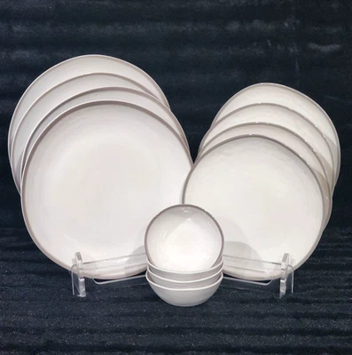12pc Rachel Ashwell Dinner Salad Plates Mini Bowls White Gray Rim Melamine Coast - Image 1 of 4