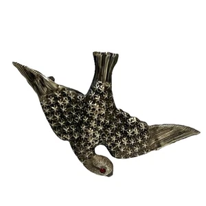 Antique Victorian Sterling Silver Swallow Bird Brooch w Red Gem Eye & Texture - Picture 1 of 3