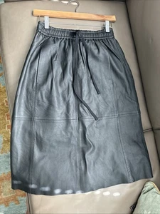 J.Crew Sz S Black Pencil A-Line Midi Skirt Genuine Leather Stretchy Waist Pocket - Picture 1 of 8