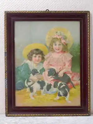 Antiguo Impresión Artística Marco De Madera Vintage Um 1900 Niños Chica Perrito • 33.99€