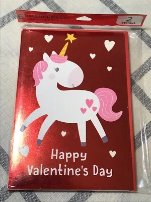 Paquete de 6 tarjetas Hallmark Feliz Día de San Valentín CUALQUIERA Unicornio Perezoso 2 diseños Tarjeta Foto 1 de 3