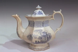 Antigua tetera de cerámica inglesa Staffordshire azul blanco chinoiserie artículos de transferencia - Imagen 1 de 10