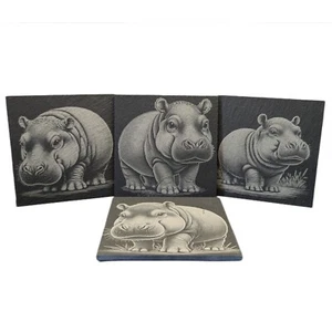 Adorable Baby Hippo Slate Coaster Engraved Set - Tableware Home decor Gift - Picture 1 of 10