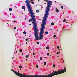 Sketchers Size XS Pink Polka Dot Womans Dental Medical Nurse Dental Scrub Top - Picture 1 of 8