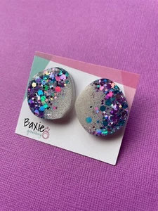 Statement Stud Resin Earrings, Handmade, White Shimmer, Teal Purple Glitter - Picture 1 of 3