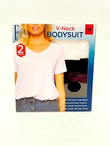 NWT 2 Pack Felina Women's V-Neck Bodysuit Full Blouson Style White/Black M 1E44 - Picture 1 of 1