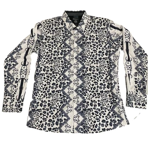 Benziny Men's Shirt XL Leopard Chain Print White Black Long Sleeve Dressy Bold - Picture 1 of 8