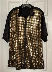 Camicia Jogal Uomo Oro Metallizzato Specchio Palla Discoteca Nera Manica Corta Tg XXL - Foto 1 di 11