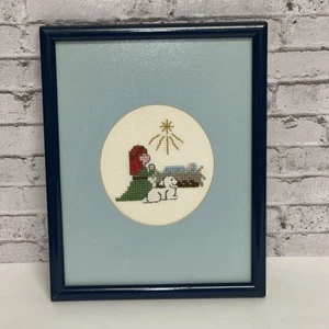 Presepe punto croce cucito a mano mangiatoia natalizia Gesù incorniciato vintage - Foto 1 di 5