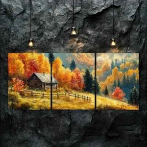 3pcs Autumn Wooden House Nature Beauty Perfect Wall Art Canvas Framed 50x70cm - Picture 1 of 3