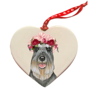 Schnauzer Dog Porcelain Floral Heart Shaped Ornament Décor Pet Gift - Picture 1 of 2
