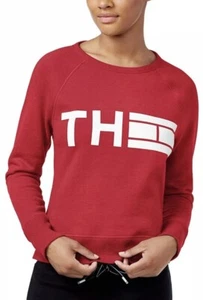 Felpa Tommy Hilfiger donna XL rossa bordo costina foro pollice pullover girocollo - Foto 1 di 11