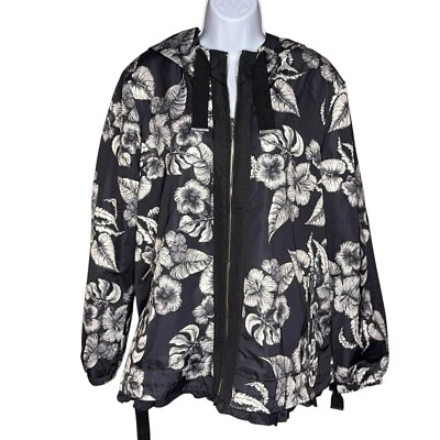 Chaqueta Dennis Basso Estampada Floral Negra Blanca Resistente al Agua Con Capucha Volantes Lg Foto 1 de 4