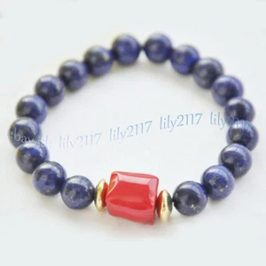 10mm Blue Lapis Lazuli Round Gemstone Beads Red Coral Stretch Bracelet 7.5'' - Picture 1 of 3