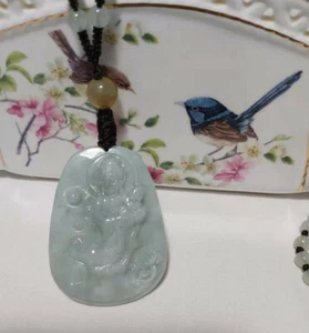 Certified Grade A green Jadeite jade carved GuanYin&Kid(观音送子) pendant necklace - Picture 1 of 5
