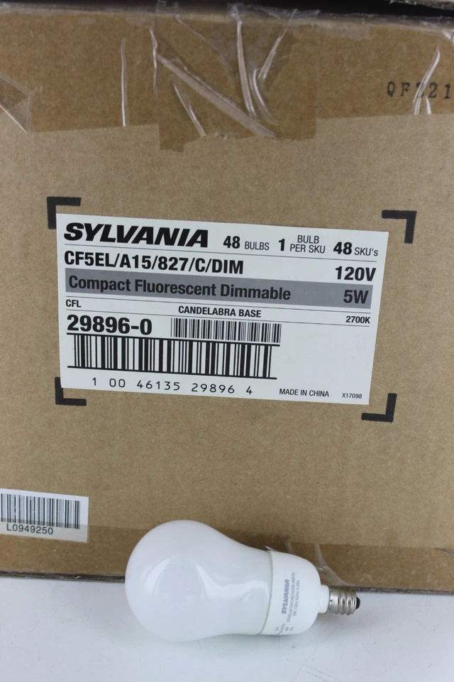 (48) SYLVANIA CANDELABRA CHANDELIER 5W CFL BULB DIMMABLE LIGHT CF5EL/A15/827/DIM - Image 1 of 1