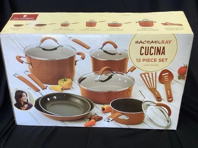 ++ Conjunto de panelas antiaderentes Rachel Ray 12 peças cucina laranja abóbora 16328 - Imagem 1 de 4