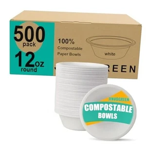 500 Count 12 oz Paper Bowls, Disposable Compostable Bowls Bulk, white-500pack - Picture 1 of 8