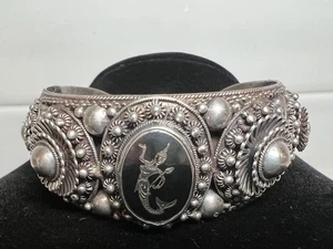 Thai Nakon Siam Lady Dancer Sterling Floral Filigree Cuff Bracelet 6-1/4” 40g - Picture 1 of 12