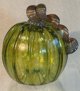 Luke Adams Hand Blown Crackle Glass 5" Green Pumpkin Signed Halloween Holidays - Picture 1 of 10