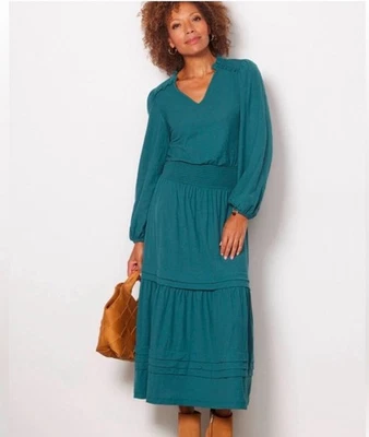 Nation LTD Tiered Smocked Teal Green Puff Sleeved Midi Dress Pima Cotton Small - Image 1 of 4
