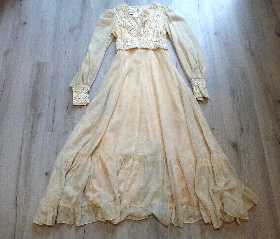 VTG 70s-80 Jessica McClintock Gunne Sax Gunnies Dress 7 Lace Boho Hippie Prairie - Image 1 of 4