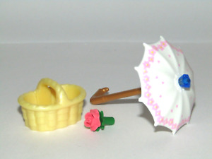 Parapluie soleil miniature blanc/rose Playmobil, panier jaune & bouquet rose