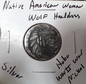 HOBO Native American Woman Wolf Headdress Made From A REAL SILVER Nickel SIGNED - Picture 1 of 2