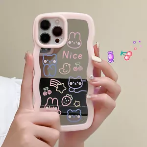Cute Animals Mirror Pink Wave Edge Phone case for iPhone 11 12 13 14 Pro 6 7 8 - Picture 1 of 13