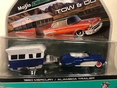 1/64 MAISTO TOW & GO 1950 MERCURY CONVERTIBLE & ALAMEDA TRAILER BLUE & WHITE - Image 1 of 4