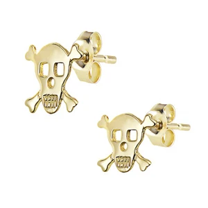 14K Yellow Gold Skull & Crossbones Cross Bones Post Stud Earrings - Picture 1 of 6