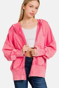 Zenana Acid Washed French Terry Zip-Up Womens Hoodie with Pockets in Fuchsia - Picture 1 of 3