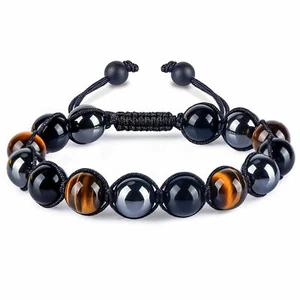 Triple Protection Bracelet Tiger Eye Obsidian Hematite 10mm Bead Bracelet Unisex - Picture 1 of 15