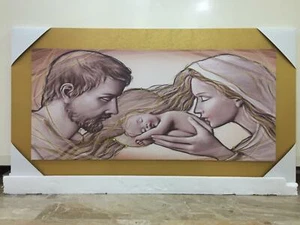 HEILIGES GEMÄLDE FAMILIE MIT HOLZRAHMEN GOLD UND LEINWAND MIT GLITZER 118x64 cm - Bild 1 von 3