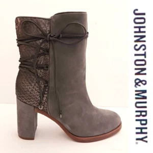 NEW Johnston & Murphy Adley Gray Suede Snake Leather Ankle Boot Block Heel Sz 7 - Picture 1 of 9