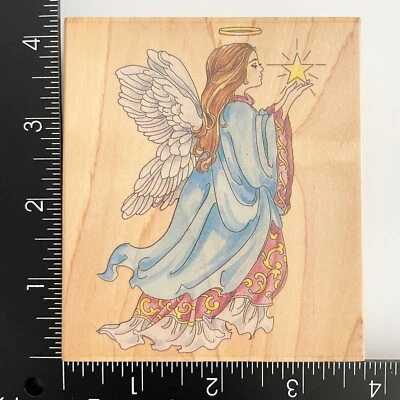 Sellos Happen ángel celestial sosteniendo estrella 80020 sello de goma montado en madera Foto 1 de 4