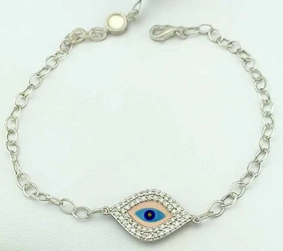 PULSERA ORIGINAL MAL DE OJO Y DIAMANTES ORO BLANCO 14 * Nueva Con Etiqueta * Foto 1 de 4