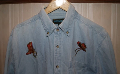Camisa vaquera vintage años 90 de mezclilla para hombre botón M LS sombrero botas bordadas occidentales Foto 1 de 4