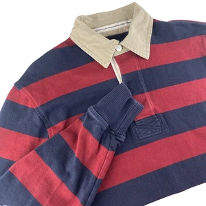 Lands End Rugby Shirt Mens Medium Red/Navy Striped Heavy Cotton Twill Collar - Picture 1 of 11