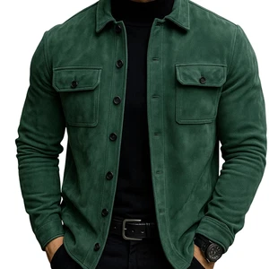 Men's Suede Leather Jacket Biker Green Colour Casual Real Sheepskin Suede Jacket - Picture 1 of 5