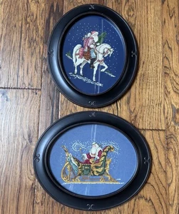 Vtg Christmas Elegant Framed Finished Cross Stitch Santa Sleigh Horse Set Of 2 - Picture 1 of 14